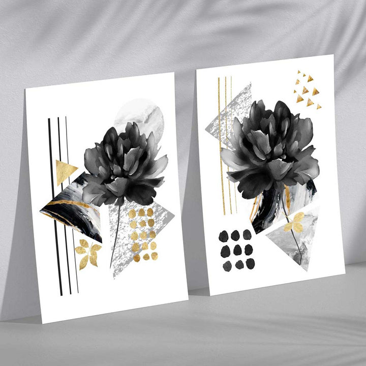Moderne blomster i svart og gull, 2 kunsttrykk