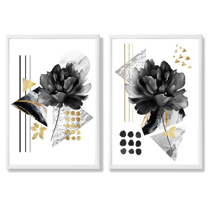 Moderne blomstermotiver, sett med 2 kunsttrykk i svart og gullramme