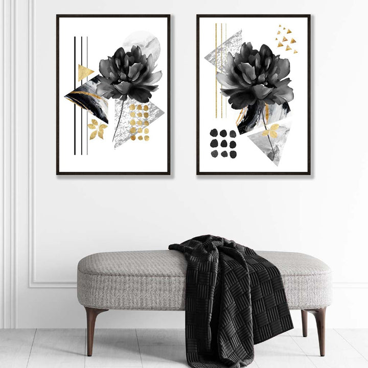 Moderne blomster i svart og gull, 2 kunsttrykk