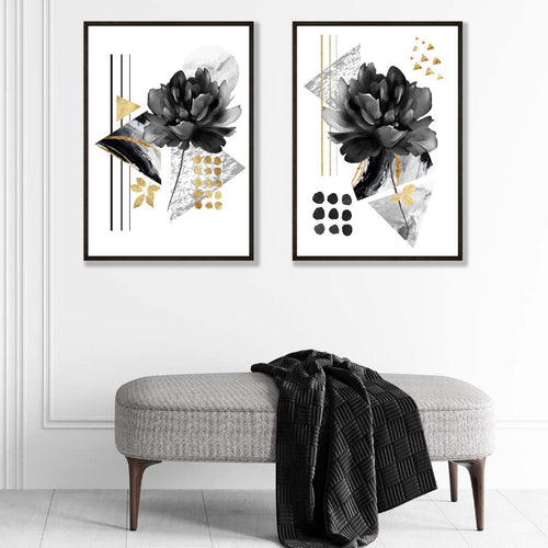 Moderne blomstermotiver, sett med 2 kunsttrykk i svart og gullramme