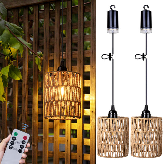 Norvo | All Fortune Batteridrevet Kandelaber, Batterihengende Pendellampe, Rattanlampa med Varm Hvit Pære, 4*AA Batteridrevet, For Gazebo Pergola Veranda Patio Utendørs Innendørs Dekor (2)