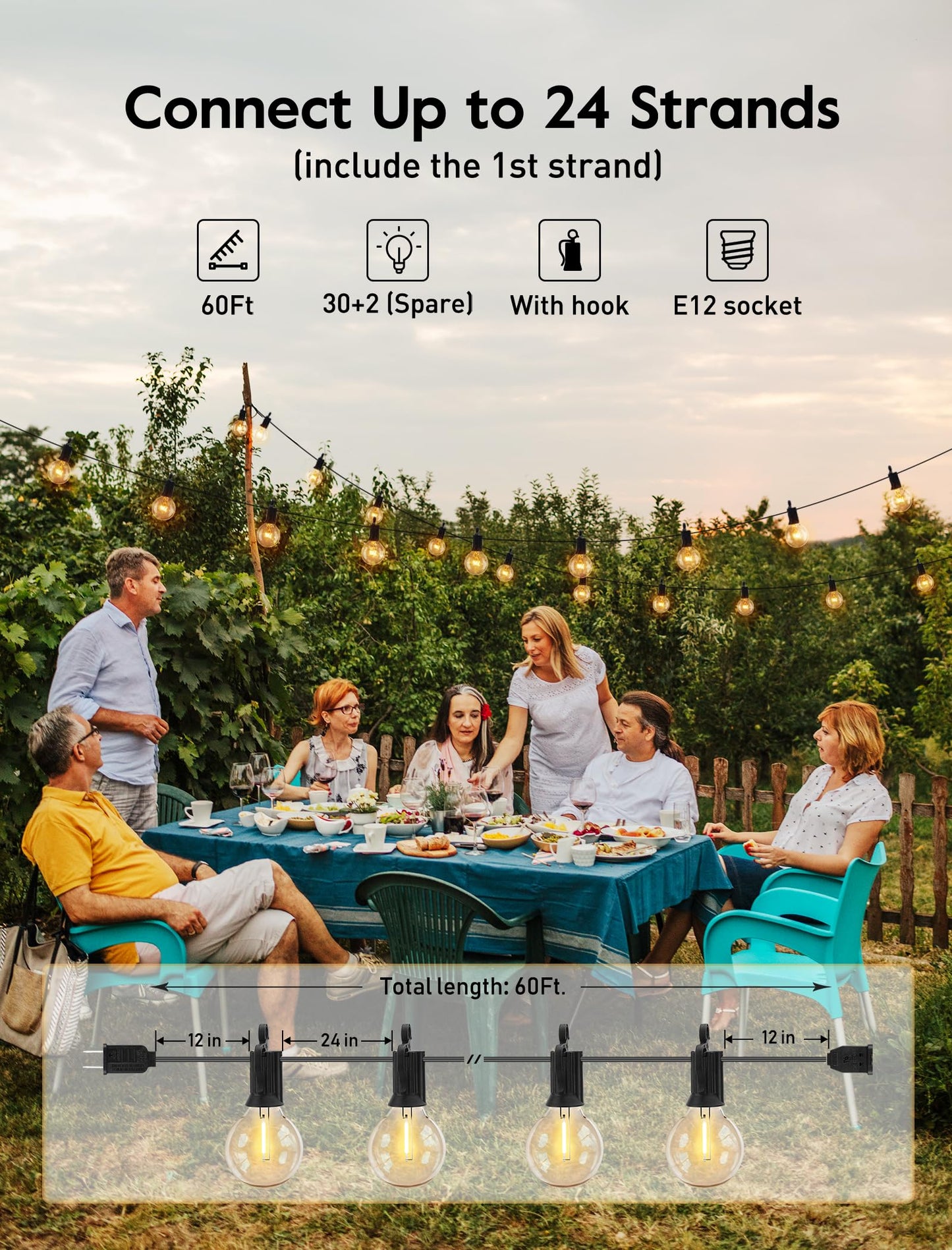 Norvo | Brightown 60Ft Utendørs Lyskjettinger - G40 Globe Led Terrasselys Med 32 Støtsikre Lyspærer