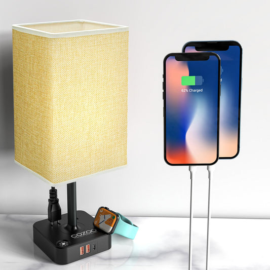 Norvo | Sengbord Skrivebord Lampe Med 3 Usb Ladestasjoner Og 2 Utganger Strømstripp, 3 Vei Dimbar Berøringslampe Med Stoffskjerm Lader Base, Endebord Lampe Led Lys For Soverom/Nattbord/Stue (Beige)