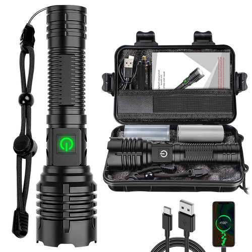 Skanto | Banral 100000 lumen oppladbart lommelampe, Ipx6 vanntett, 5 moduser, zoombar, aluminium