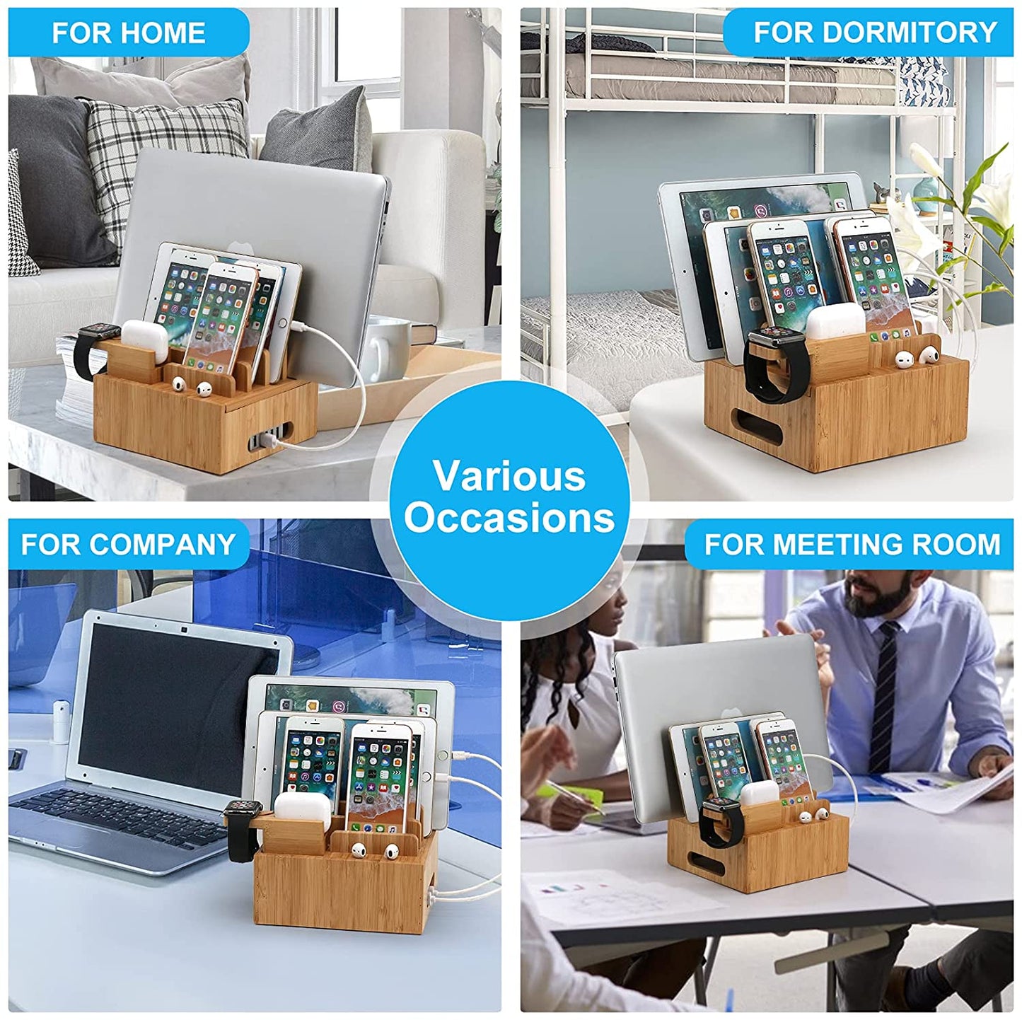 Norvo | Tekavo ChargeDock LadeStasjon laget av Bambus | 5-Port USB & Organizer | For Smarttelefon, Nettbrett & Smartklokke | Inkl. Kabelsett