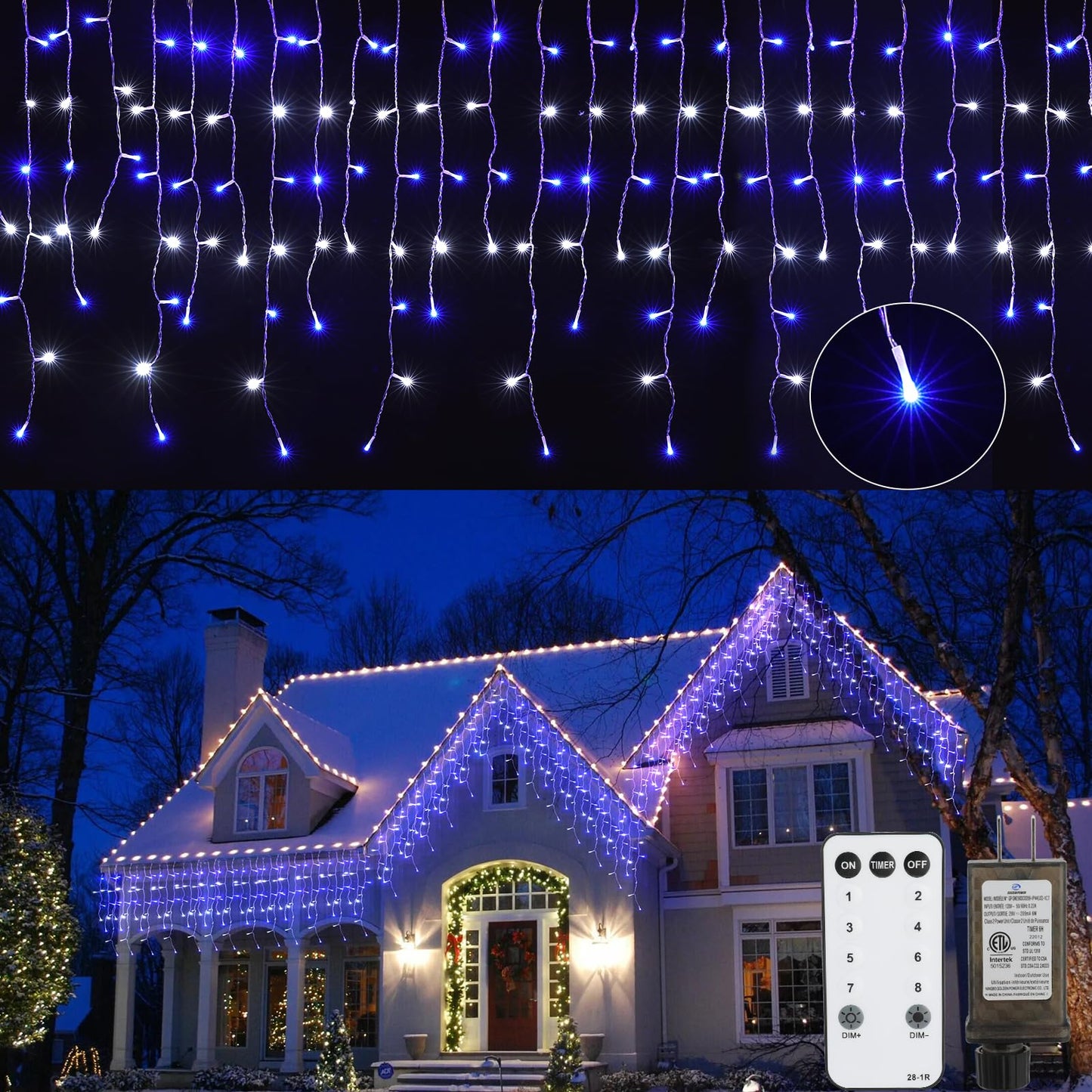 Norvo | Brightown 40 Ft Istapper Lys - 432 Led Blå & Hvit Julelys Med Fjernkontroll & Timer