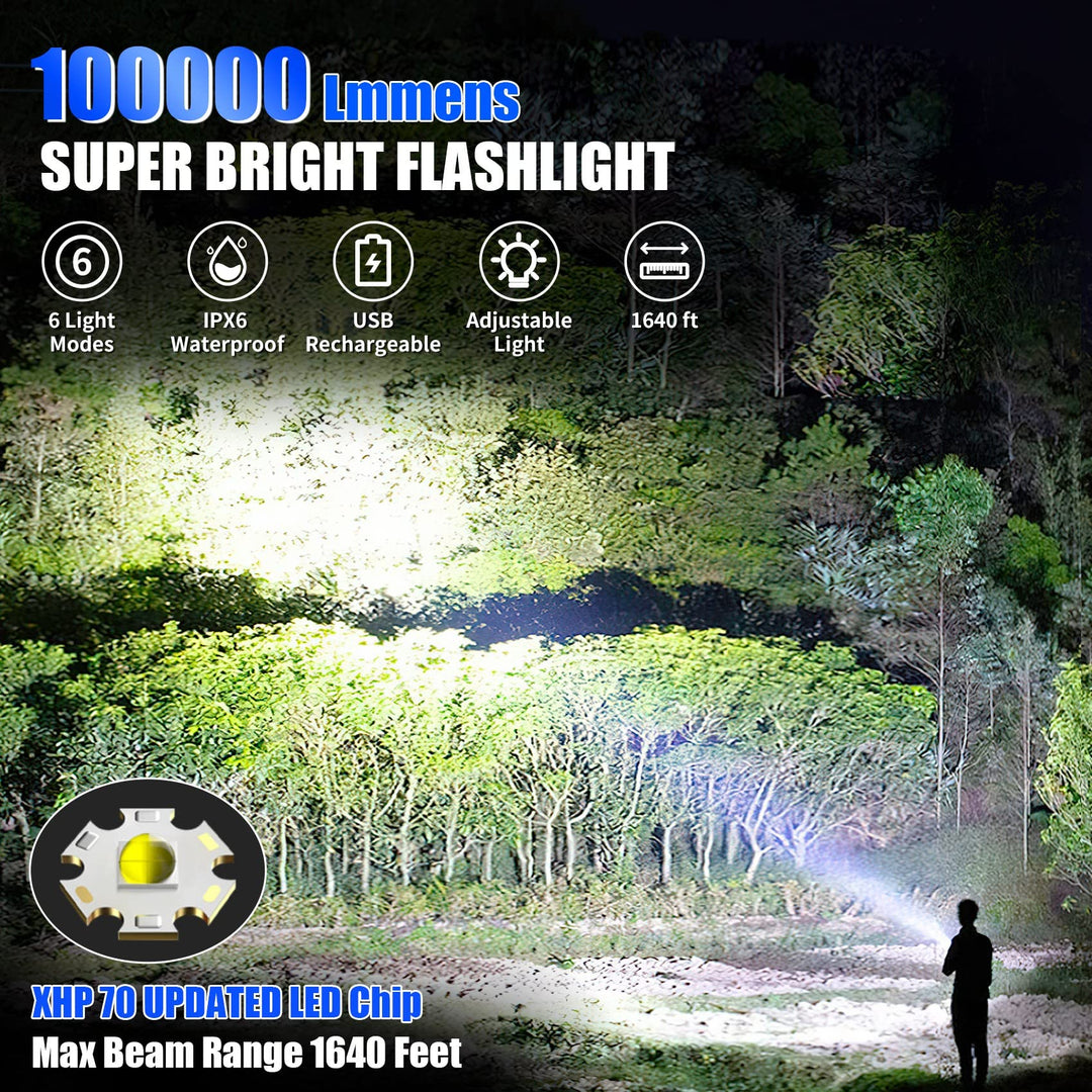 Skanto | Foleto 100000 Lumen Oppladbar Led Lommelykt - 5 Moduser, Vanntett, 2 Pakke, Taktisk