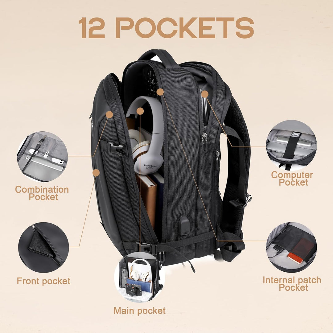 40L Utvidbar Vanntett Reiseryggsekk med USB-port og 17” Laptop-futteral – AirVoyage | Skanto