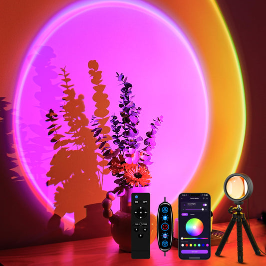 Norvo | Xebkor Solnedgangsprojeksjonslampe med Fjernkontroll/APP Kontroll, Multicolor LED Solnedgangslys Nattlys, 360 Grad Rotasjon Solnedgangslampe for Fotografier/Fest/Innredning, Gaver til Julaften, Takkefest