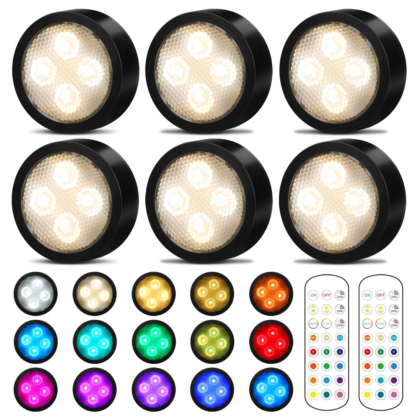 Norvo | Tecomlight Puck-lamper med Fjernkontroll, Batteridrevet Trådløs Underskapsbelysning, Rgbcw Klistrelamper, 6 Pakke
