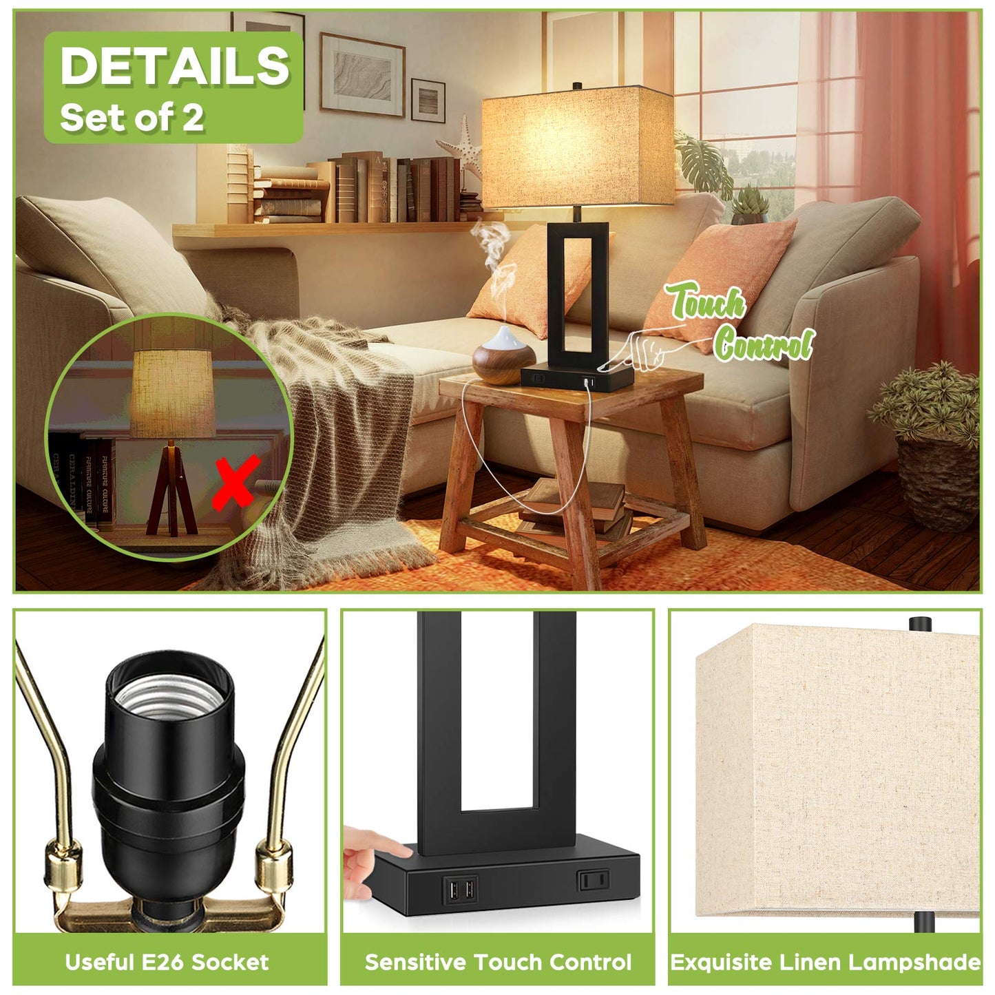 Norvo | Tobusa Set Of 2 Touch Control Table Lamps With Usb Ports, 3-Way Dimmable, Beige Shade