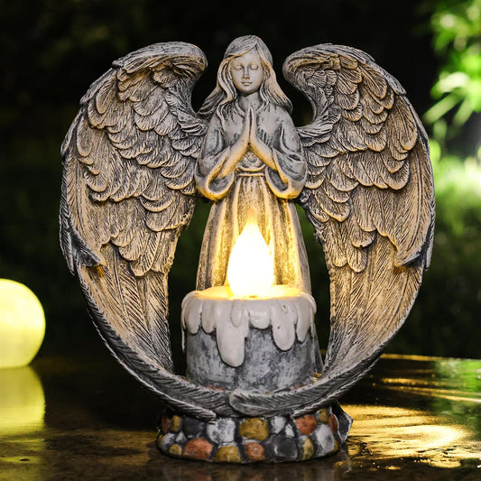 Norvo | Yiosax Engel Hage Statuer Utendørs Gravplass Dekorasjoner For Grav Ta Korset Be'vingede Engel Figurine Gravlys Patio Gressplen Hage Terrasse Dekorasjoner 10.24 Tommer