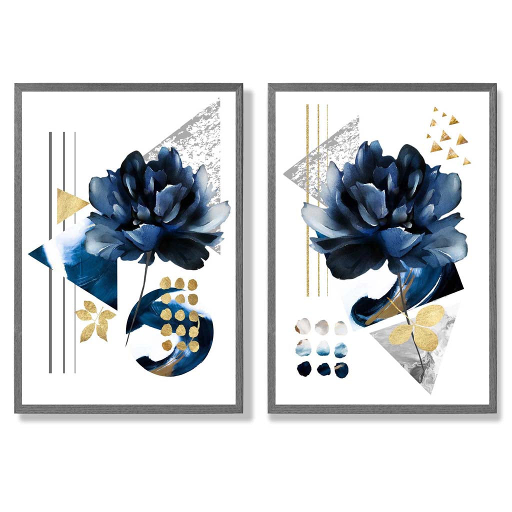 Moderne blomstertrykk i blått og gull, innrammet sett med 2 kunsttrykk