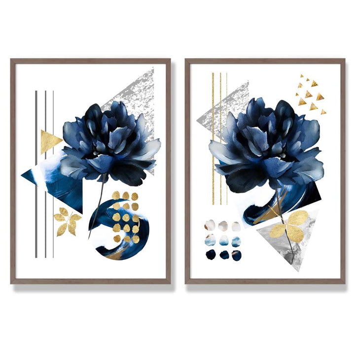 Moderne blomstertrykk i blått og gull, innrammet sett med 2 kunsttrykk