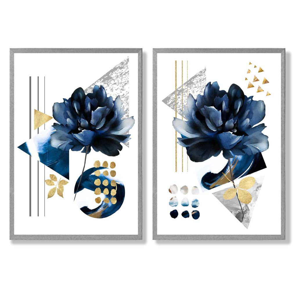 Moderne blomstertrykk i blått og gull, innrammet sett med 2 kunsttrykk