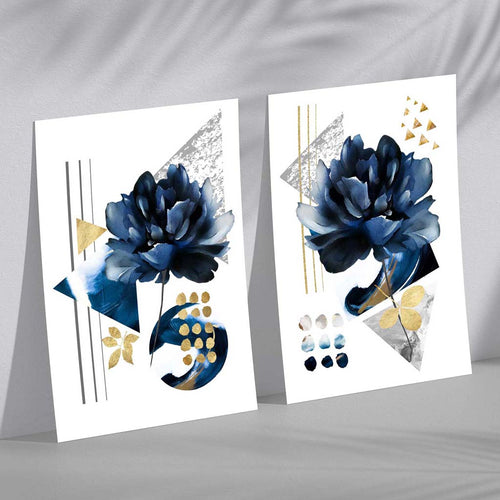 Moderne blomster i blått og gull, sett med 2 kunsttrykk
