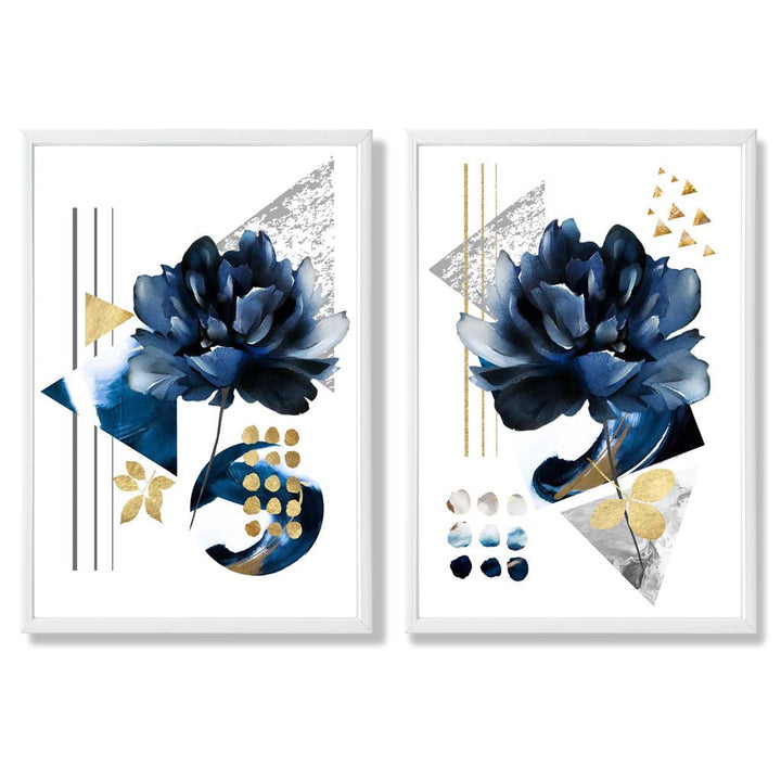 Moderne blomstertrykk i blått og gull, innrammet sett med 2 kunsttrykk