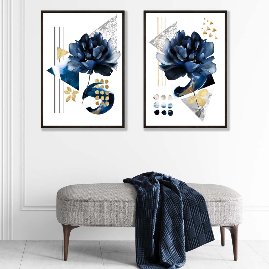 Moderne blomster i blått og gull, sett med 2 kunsttrykk
