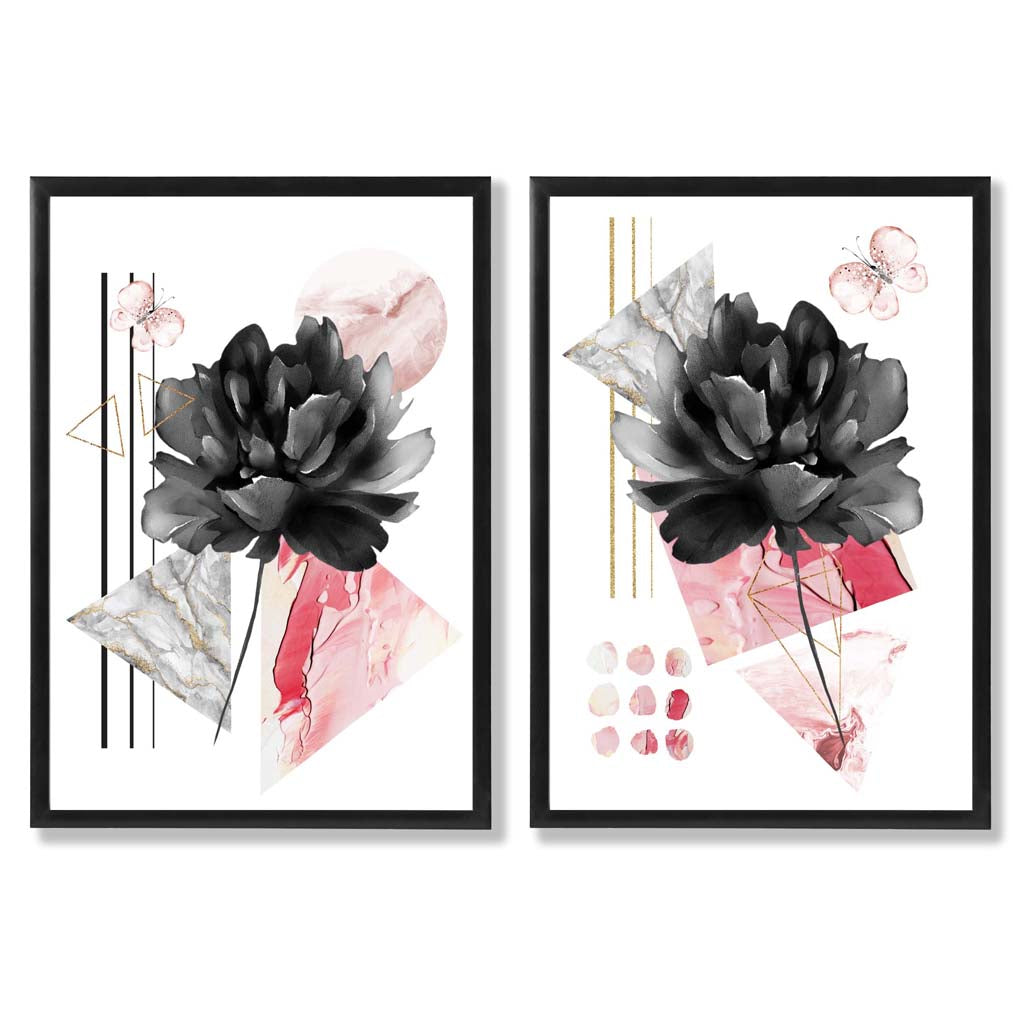 Moderne blomster i svart og rosa – innrammet sett med 2 kunsttrykk