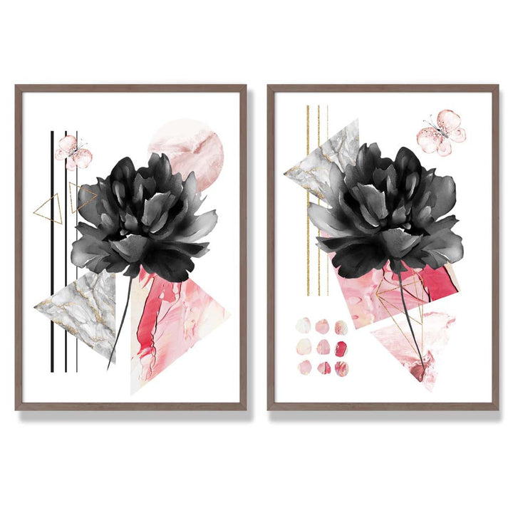 Moderne blomster i svart og rosa – innrammet sett med 2 kunsttrykk