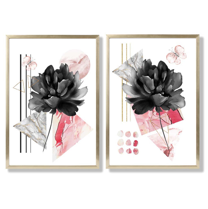Moderne blomster i svart og rosa – innrammet sett med 2 kunsttrykk