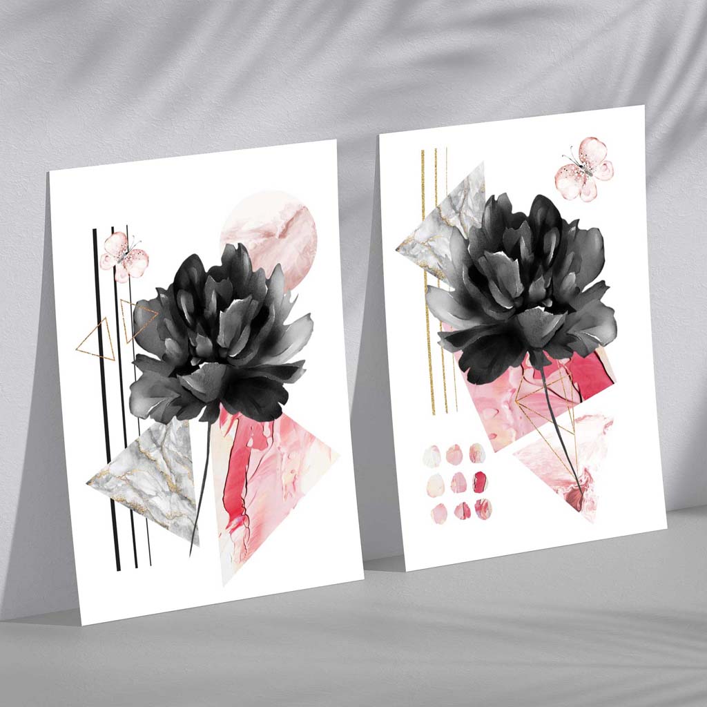 Moderne blomster i svart og rosa – innrammet sett med 2 kunsttrykk