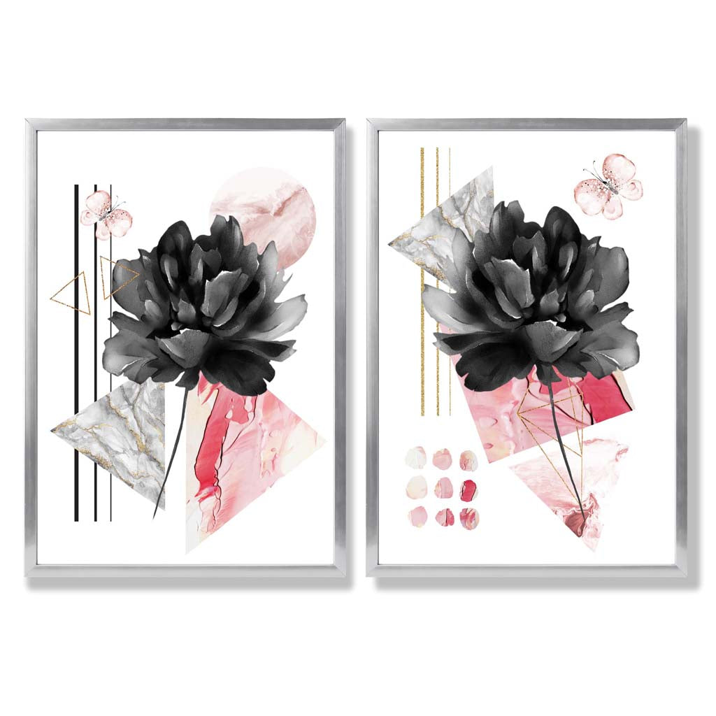 Moderne blomster i svart og rosa – innrammet sett med 2 kunsttrykk