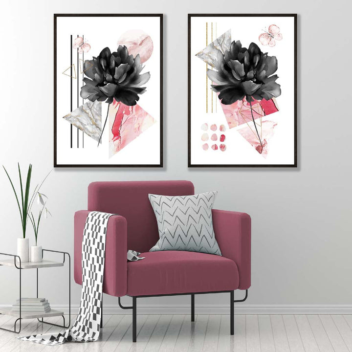 Moderne blomster i svart og rosa – innrammet sett med 2 kunsttrykk