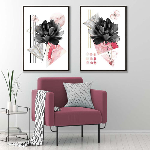 Moderne blomster i svart og rosa – innrammet sett med 2 kunsttrykk