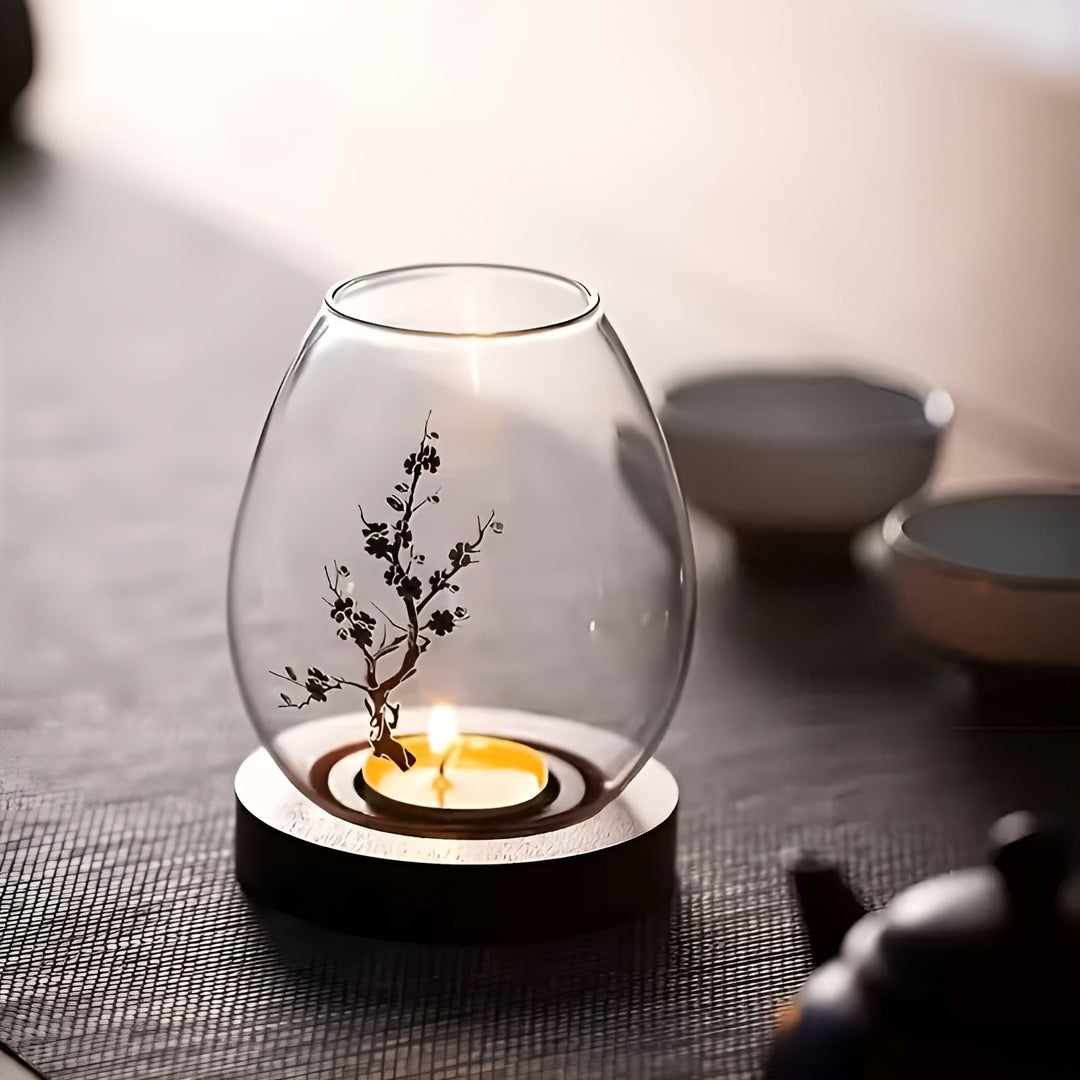 2-delt sett med lysestaker i glass med trebaser – dekorative i retro zen-stil | Perfekt for stuer, terrasser og uteområder