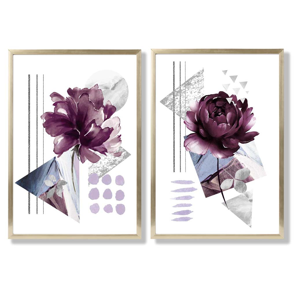 Moderne blomstertrykk i lilla ramme, sett med 2 kunsttrykk