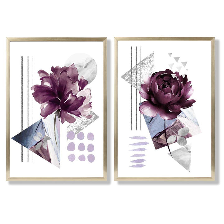 Moderne blomstertrykk i lilla ramme, sett med 2 kunsttrykk