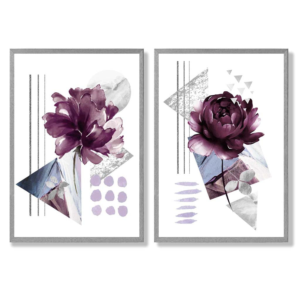 Moderne blomstertrykk i lilla ramme, sett med 2 kunsttrykk