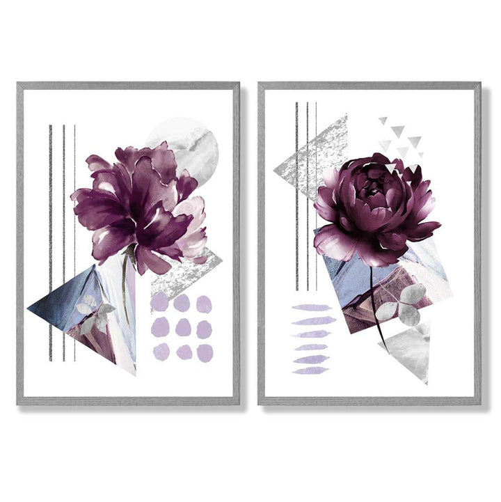 Moderne blomstertrykk i lilla ramme, sett med 2 kunsttrykk