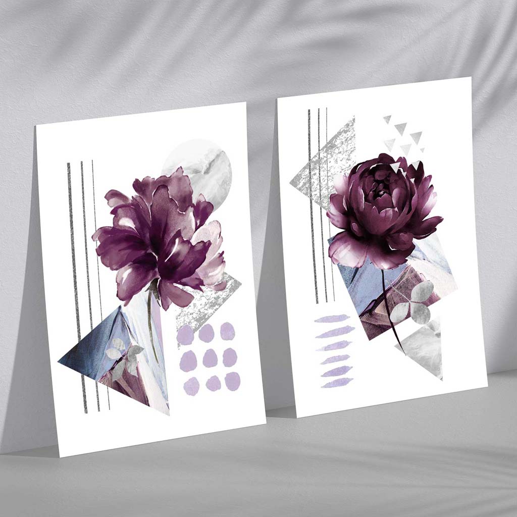 Moderne blomstertrykk i lilla ramme, sett med 2 kunsttrykk