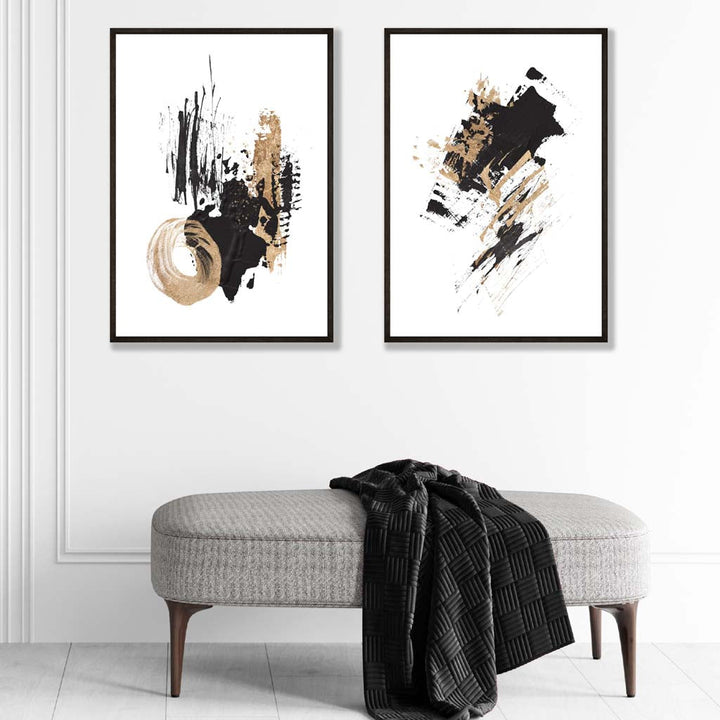 Abstrakt oljemaleri i svart og gull, 2 kunsttrykk