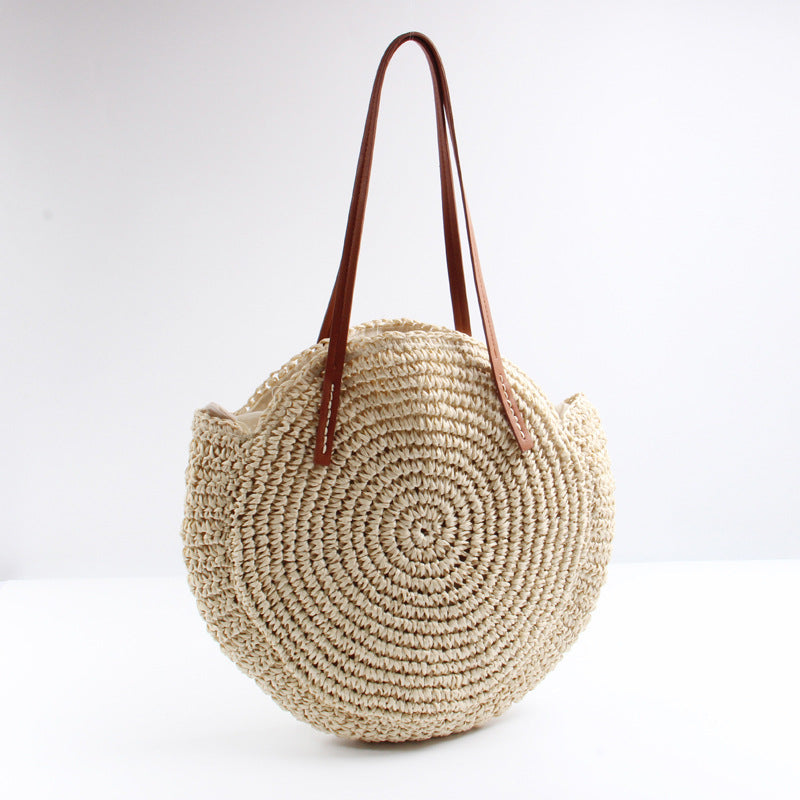 Handmade Round Basket Bag with Short Leather Handles Skanto