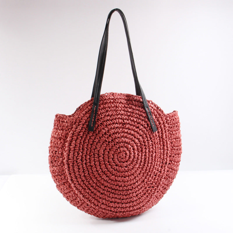 Handmade Round Basket Bag with Short Leather Handles Skanto
