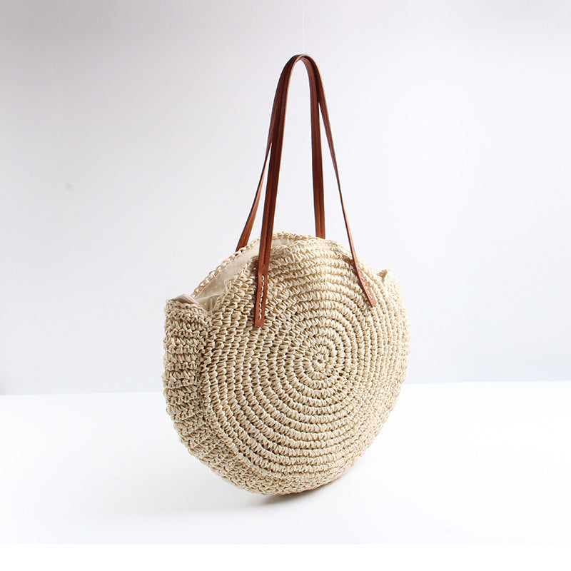 Handmade Round Basket Bag with Short Leather Handles Skanto