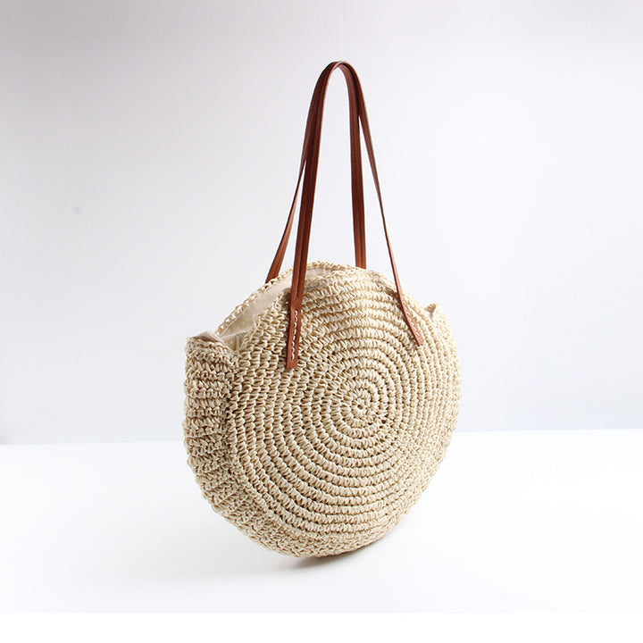 Handmade Round Basket Bag with Short Leather Handles Skanto