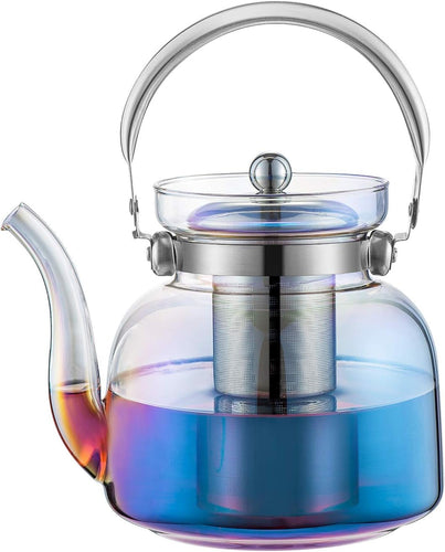 Skanto | 50 Oz(1500Ml) Glass Teapot with Lid, Removable Stainless Steel Tea Strainer and Handle, Stovetop Safe Tea Maker for Blooming and Loose Leaf Tea (Iridescent)