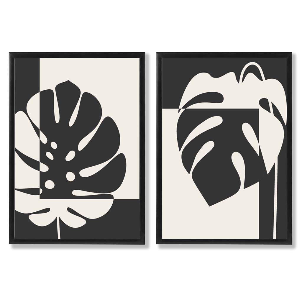 Sett med 2 innrammede kunsttrykk med Monstera-motiver i svart og beige
