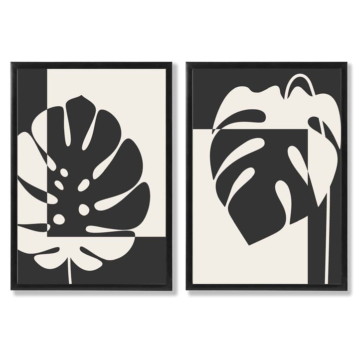 Sett med 2 innrammede kunsttrykk med Monstera-motiver i svart og beige