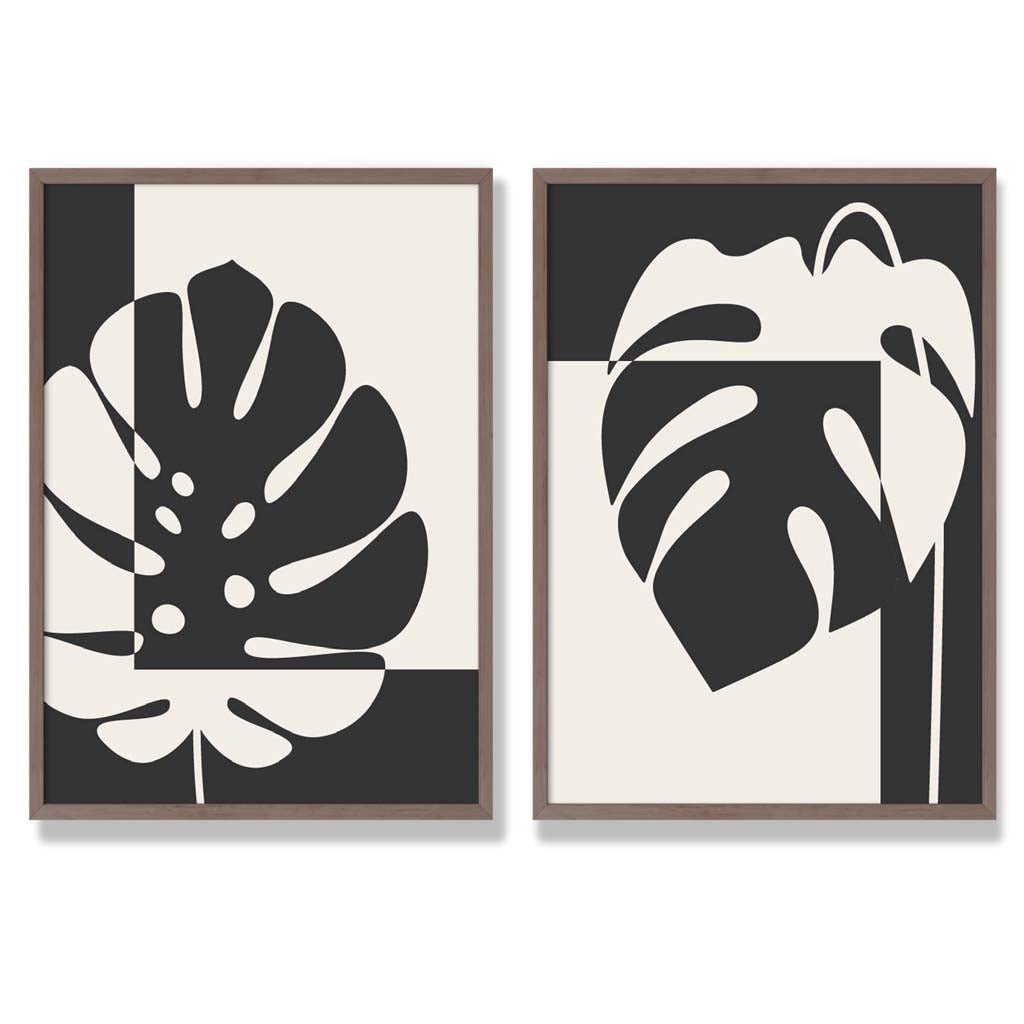 Sett med 2 innrammede kunsttrykk med Monstera-motiver i svart og beige