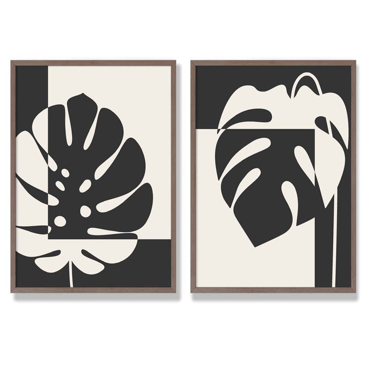 Sett med 2 innrammede kunsttrykk med Monstera-motiver i svart og beige