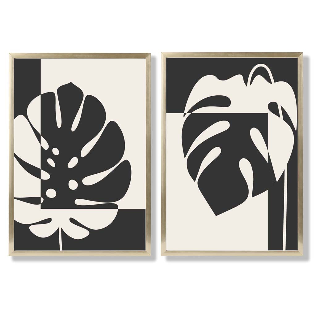 Sett med 2 innrammede kunsttrykk med Monstera-motiver i svart og beige