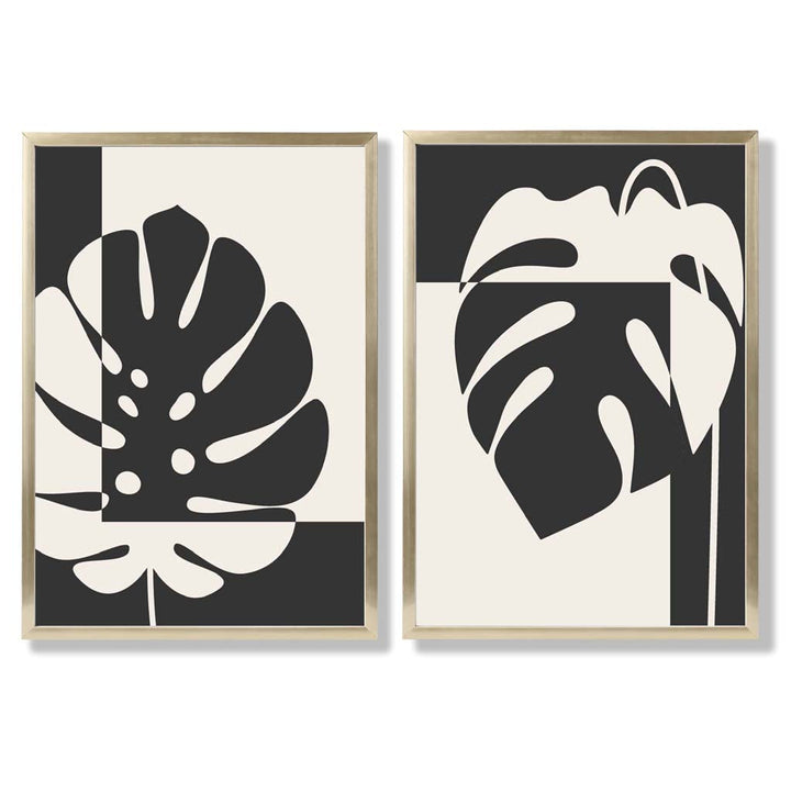 Sett med 2 innrammede kunsttrykk med Monstera-motiver i svart og beige