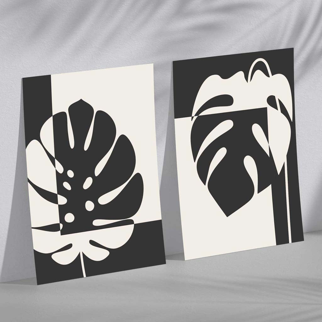Svart og beige Monstera, sett med 2 kunsttrykk
