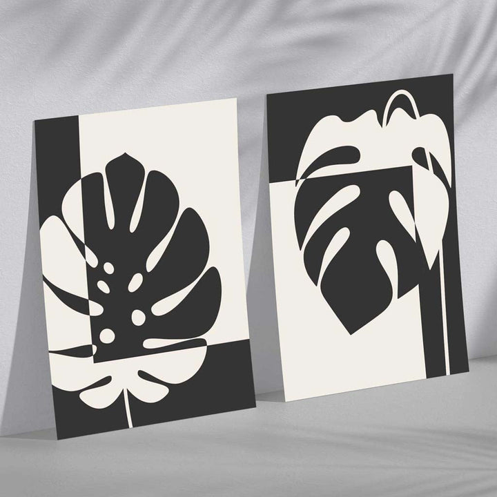 Svart og beige Monstera, sett med 2 kunsttrykk
