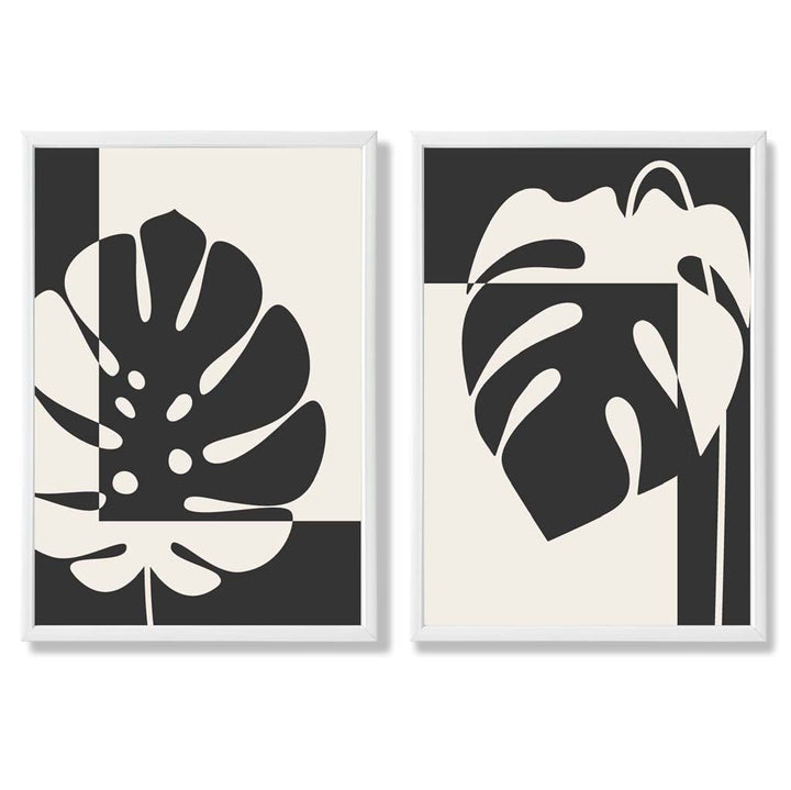 Sett med 2 innrammede kunsttrykk med Monstera-motiver i svart og beige
